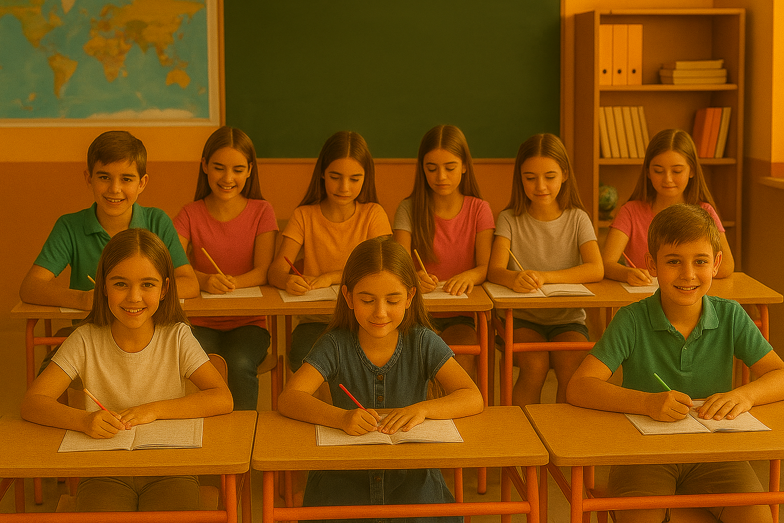 Niños trabajando en aula luminosa